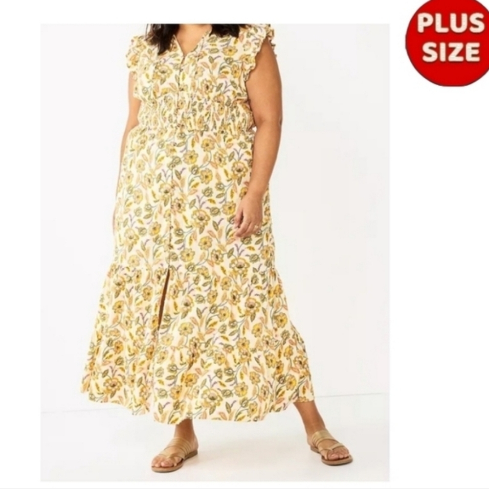 Sonoma Ruffle Sleeve Smocked Button down Maxi Dress XXL orange